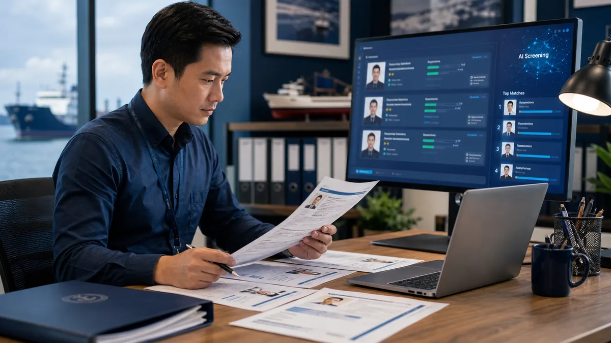 Illustration of AI-assisted CV screening for maritime recruitment